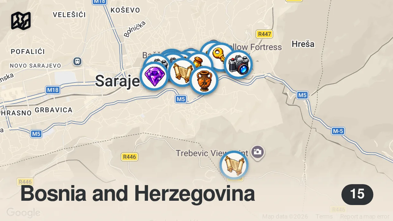Map of 15 spots from Best Things to See & Do in Sarajevo | City Guide 🇧🇦