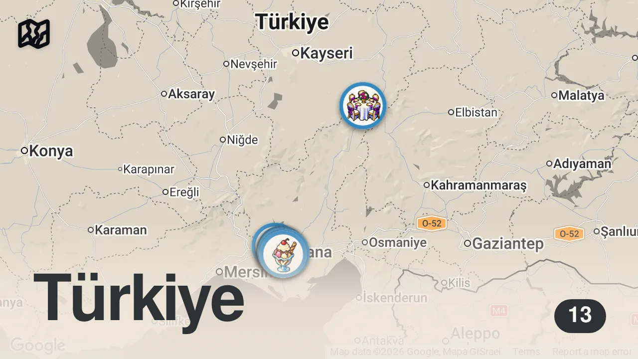 Map of 13 spots from ADANA’NIN EN İYİ MEKANLARI!!!