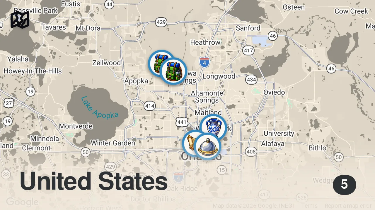 Map of 5 spots from 5 Hidden LOCAL SECRETS in ORLANDO After the Theme Parks