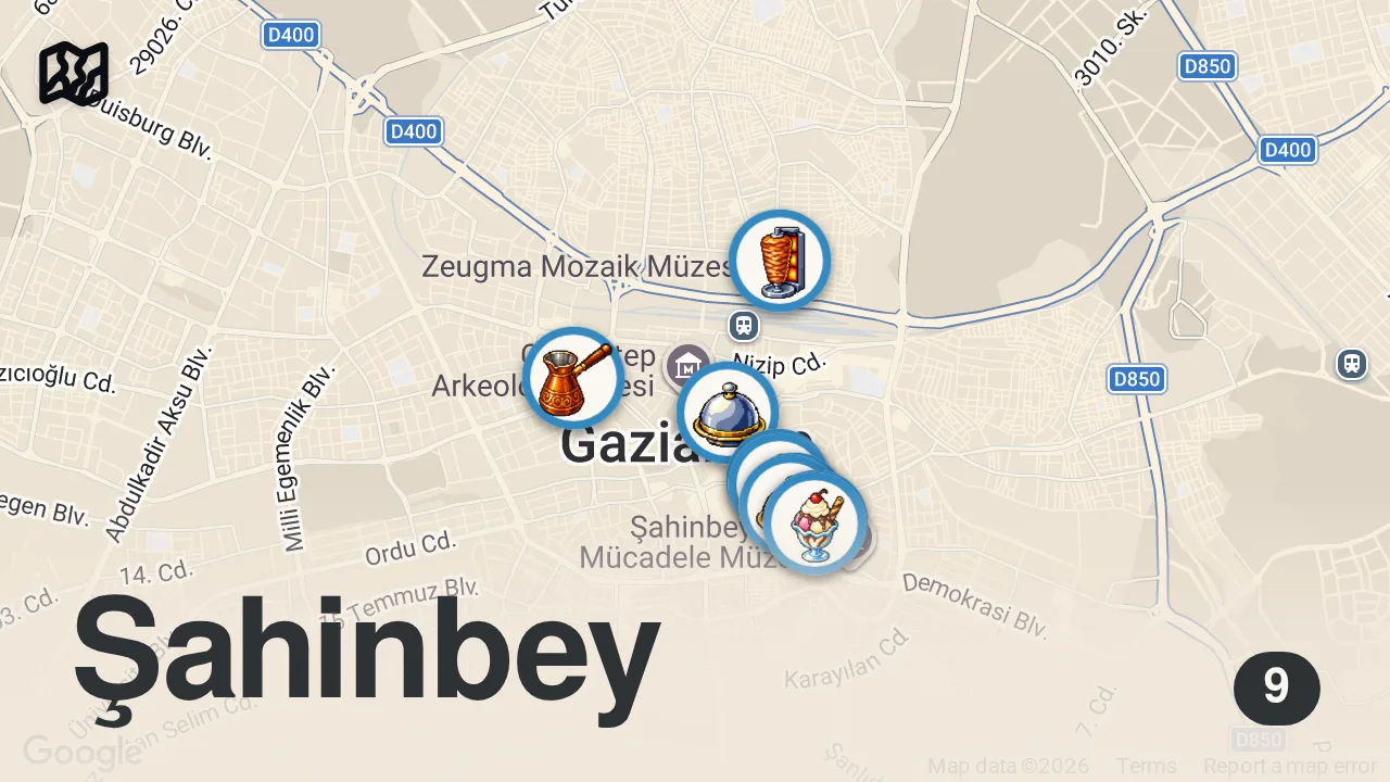 Map of 9 spots from Best Turkish Food in Gaziantep!! EPIC MEAT BBQ + Street Food in Türkiye!! 🇹🇷