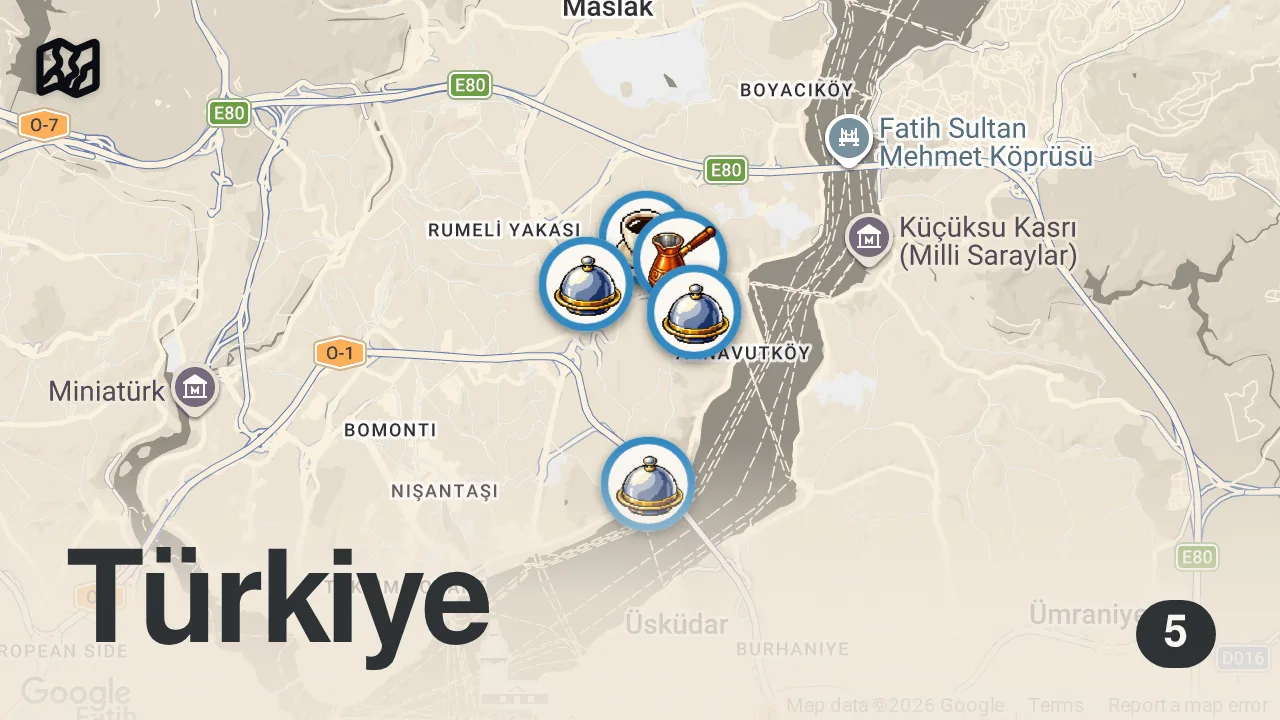 Map of 5 spots from BEŞİKTAŞ'IN SEVDİĞİMİZ LEZZETLERİ (Adana kebap, kuşgözü lahmacun, döner) - Ayaküstü Lezzetler