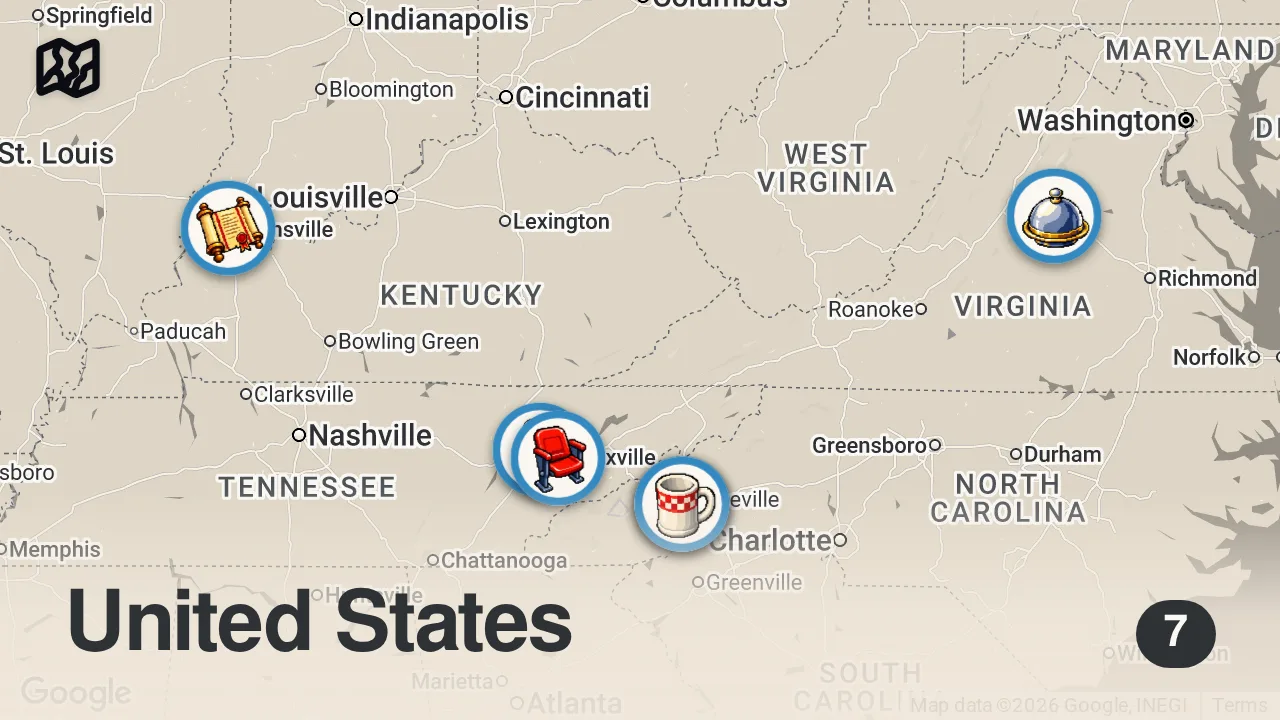 Map of 7 spots from I Spent The Day Eating at The Biggest House in America...