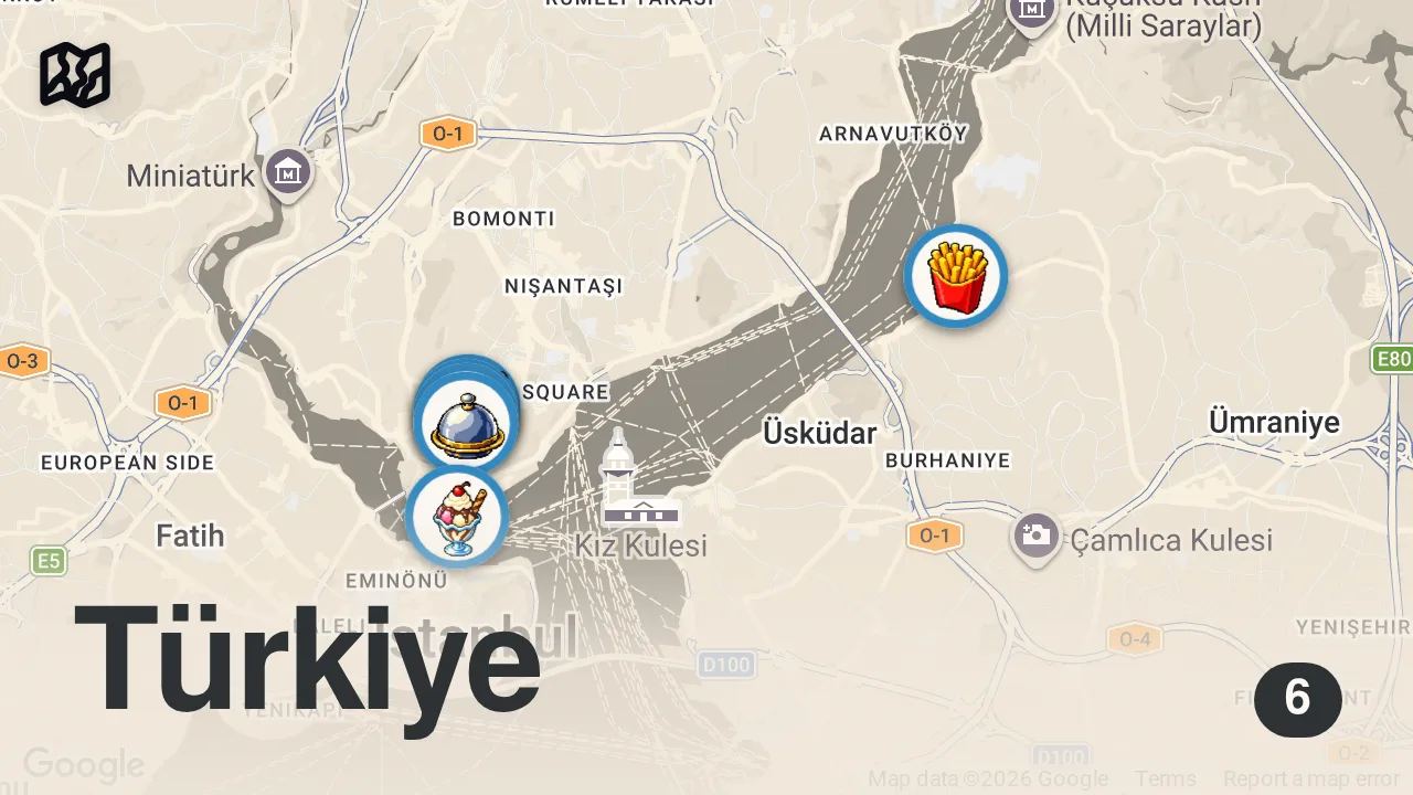 Map of 6 spots from AMAZING Street Food In ISTANBUL - TAKSIM LEGENDARY FOOD + Street food in ISTANBUL, TURKEY