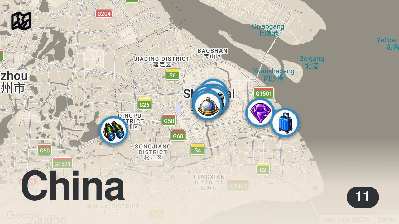Map of 11 spots from [4K] Ultimate SHANGHAI CHINA Food Tour! Where to Eat in Shanghai with Prices!