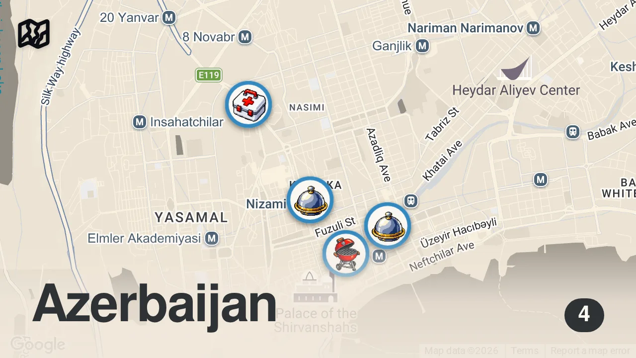 Map of 4 spots from EXTREME Street Food in Azerbaijan!! KING OF KEBABS + Local Food in Baku, Azerbaijan!