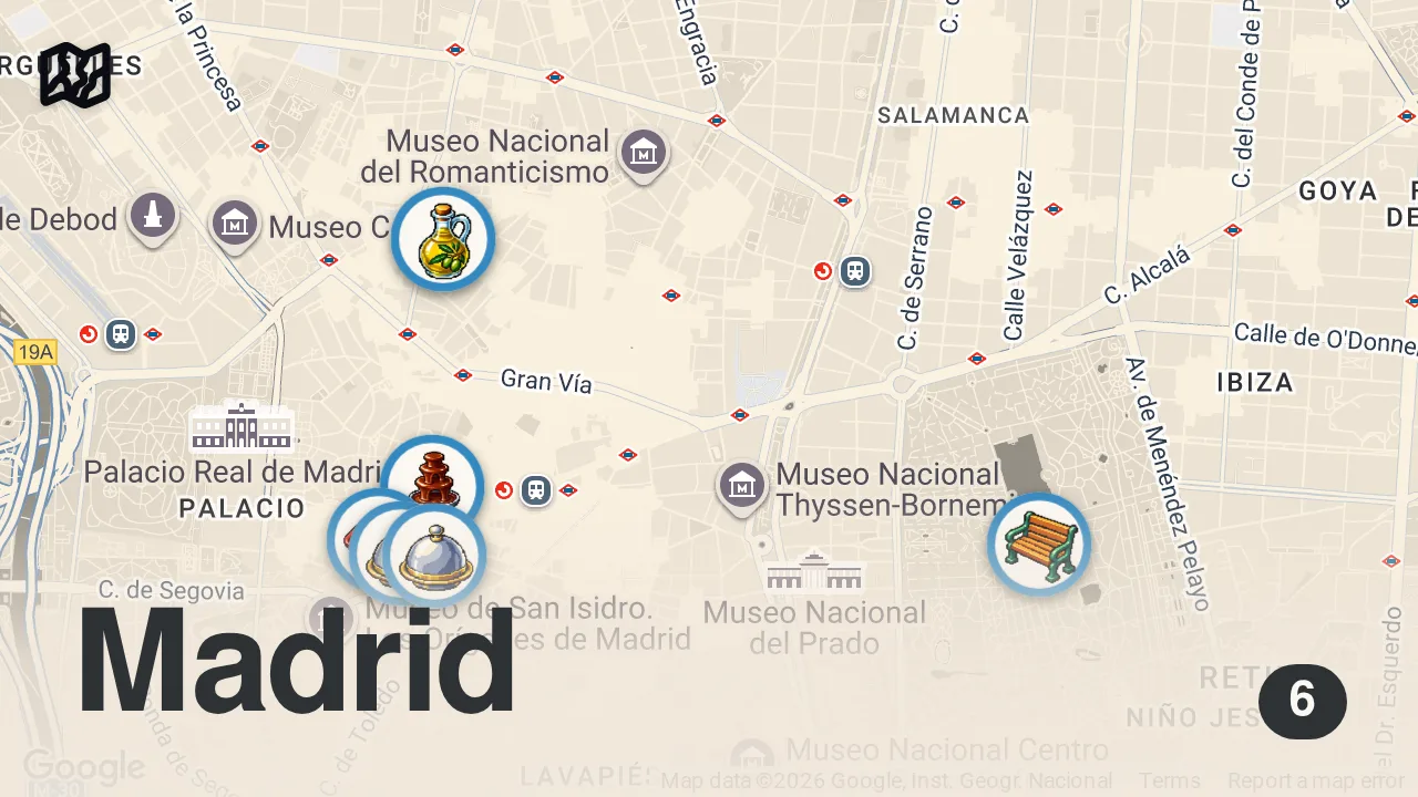 Map of 6 spots from 24 Hours of Spanish Food in Madrid 🇪🇸 STREET FOOD to SEAFOOD in Spain's Foodie Capital!