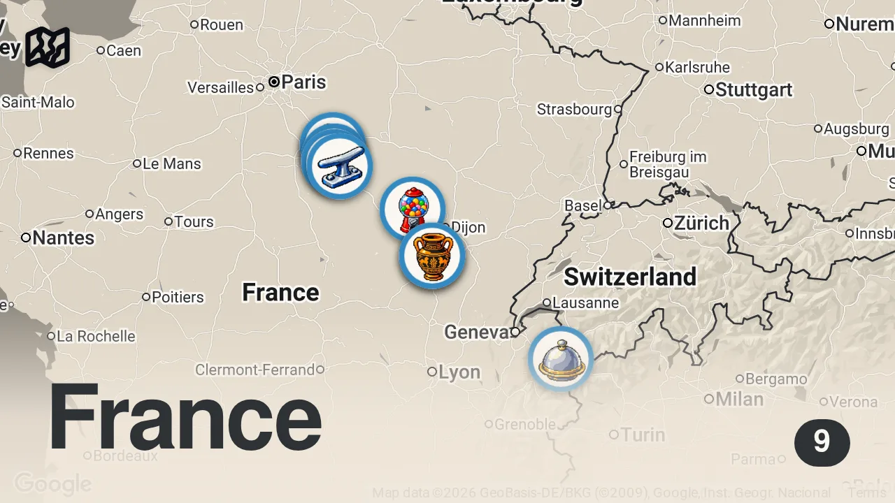 Map of 9 spots from 4 Giorni alla Guida di una Barca di 15 metri in FRANCIA
