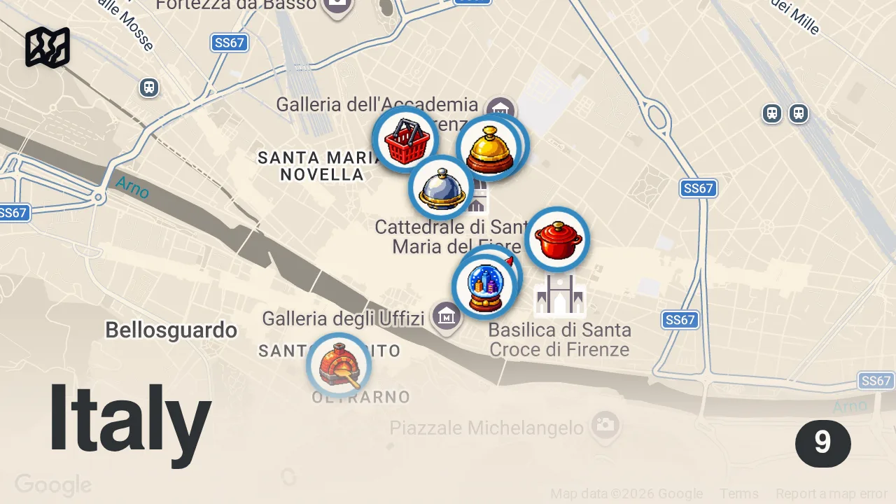 Map of 9 spots from FLORENCE FOOD GUIDE 🇮🇹 | Truffle Pasta, Bistecca, Pizza, Focaccia