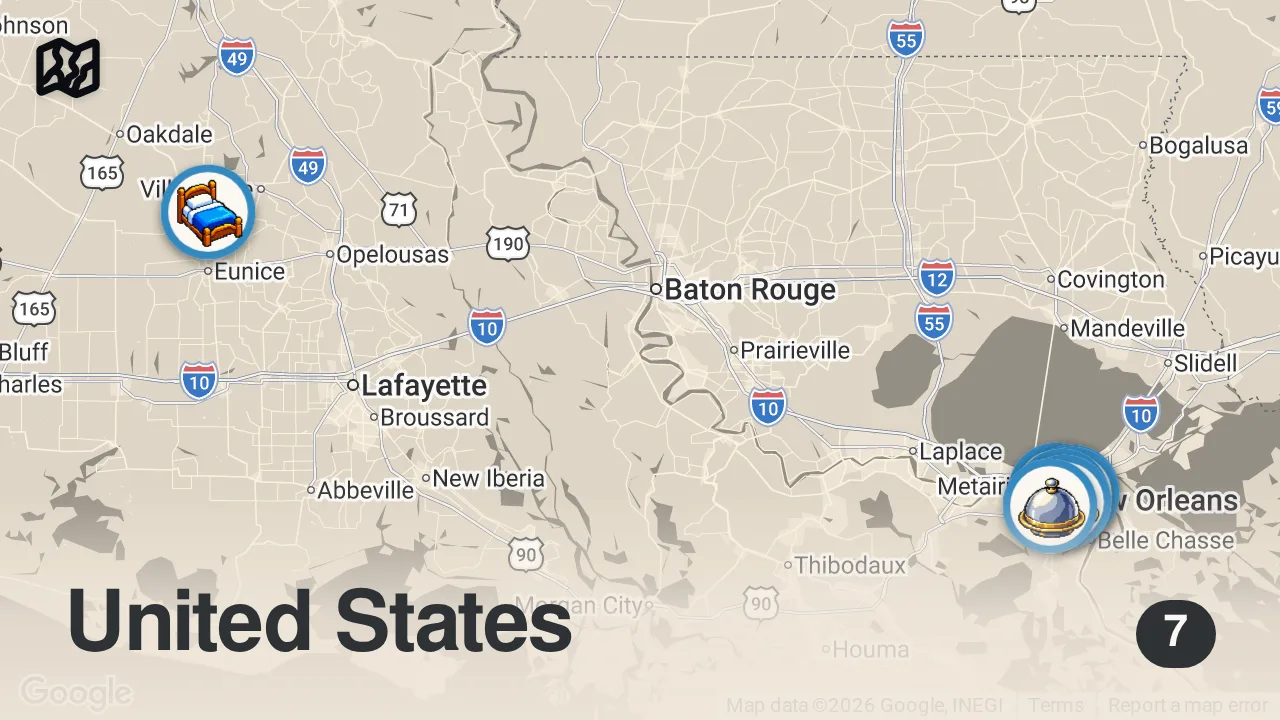 Map of 7 spots from 12HRS in New Orleans - A 2 Michelin Chef Shows us Where He Eats | Ft. Chef EJ Lagasse - Emeril's