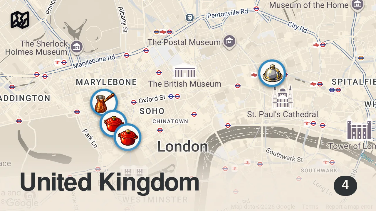 Map of 4 spots from I Asked Strangers in London's Richest Area Where to Eat