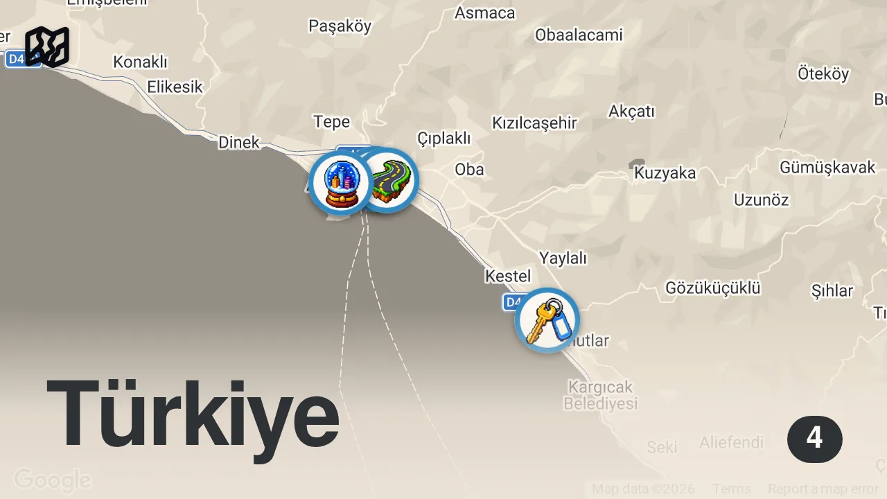 Map of 4 spots from DOKTOR DEĞİLİM AMA HASTAM ÇOK | BİZ BABADAN BÖYLE GÖRDÜK | ALANYA SOKAK LEZZETLERİ