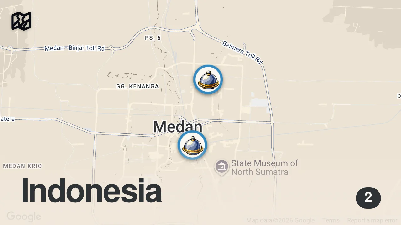 Map of 2 spots from 20 MUST TRY Indonesian Foods in Medan ๐ฎ๐ฉ BEST Noodles + INSANE Seafood + #1 DURIAN + HALAL dishes