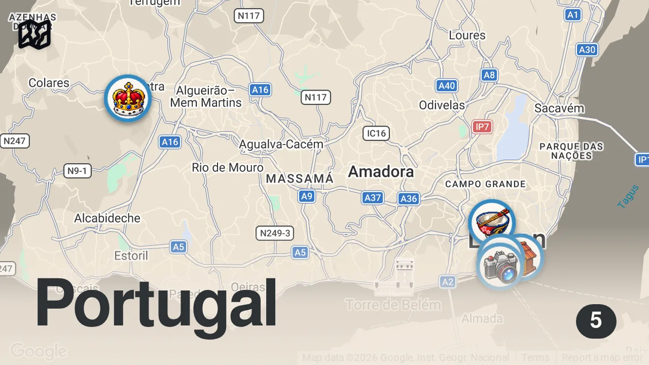 Map of 5 spots from How to spend 4 days in Lisbon 🇵🇹 | Itinerary #portugal #travelvlog #travel #adventure #lisbon