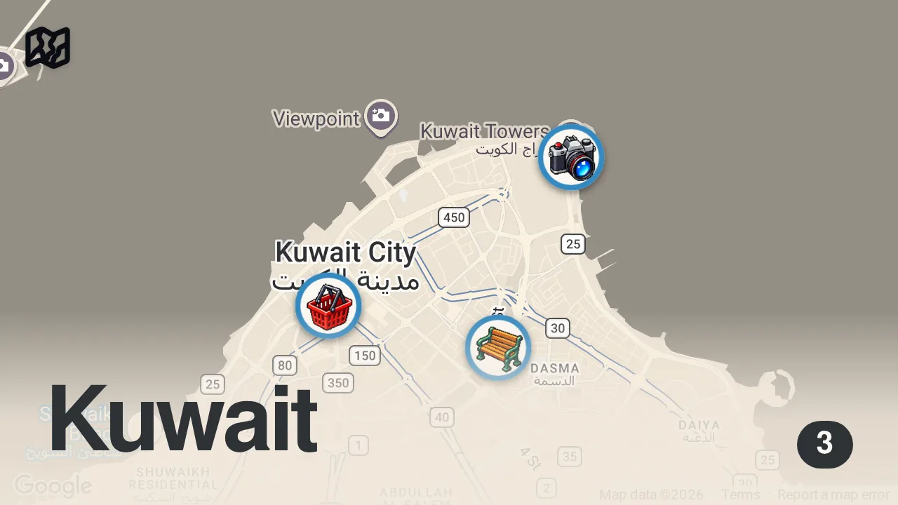 Map of 3 spots from Exploring Kuwait's Biggest Market (Souq Al-Mubarakiya, Al-Shaheed Park, & More) Travel Vlog