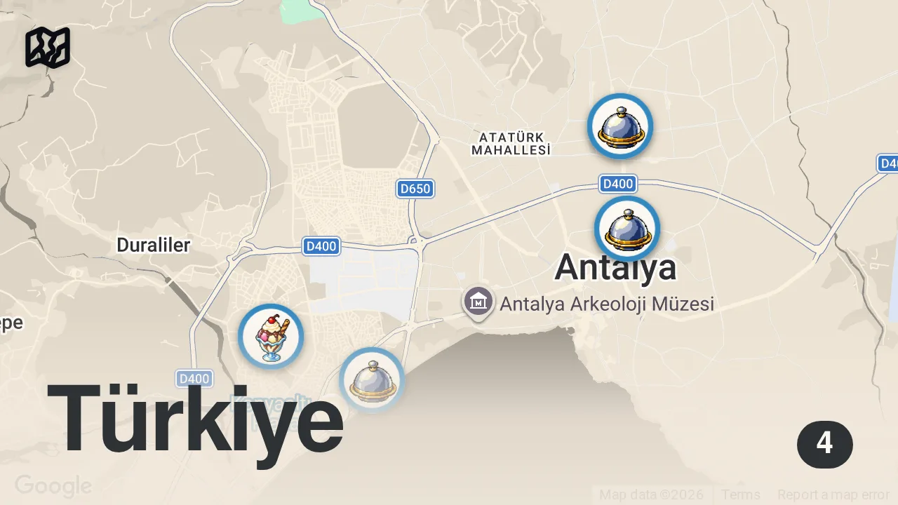 Map of 4 spots from GECE ANTALYA'DA NE YENİR? | ANTALYA SOKAK LEZZETLERİ