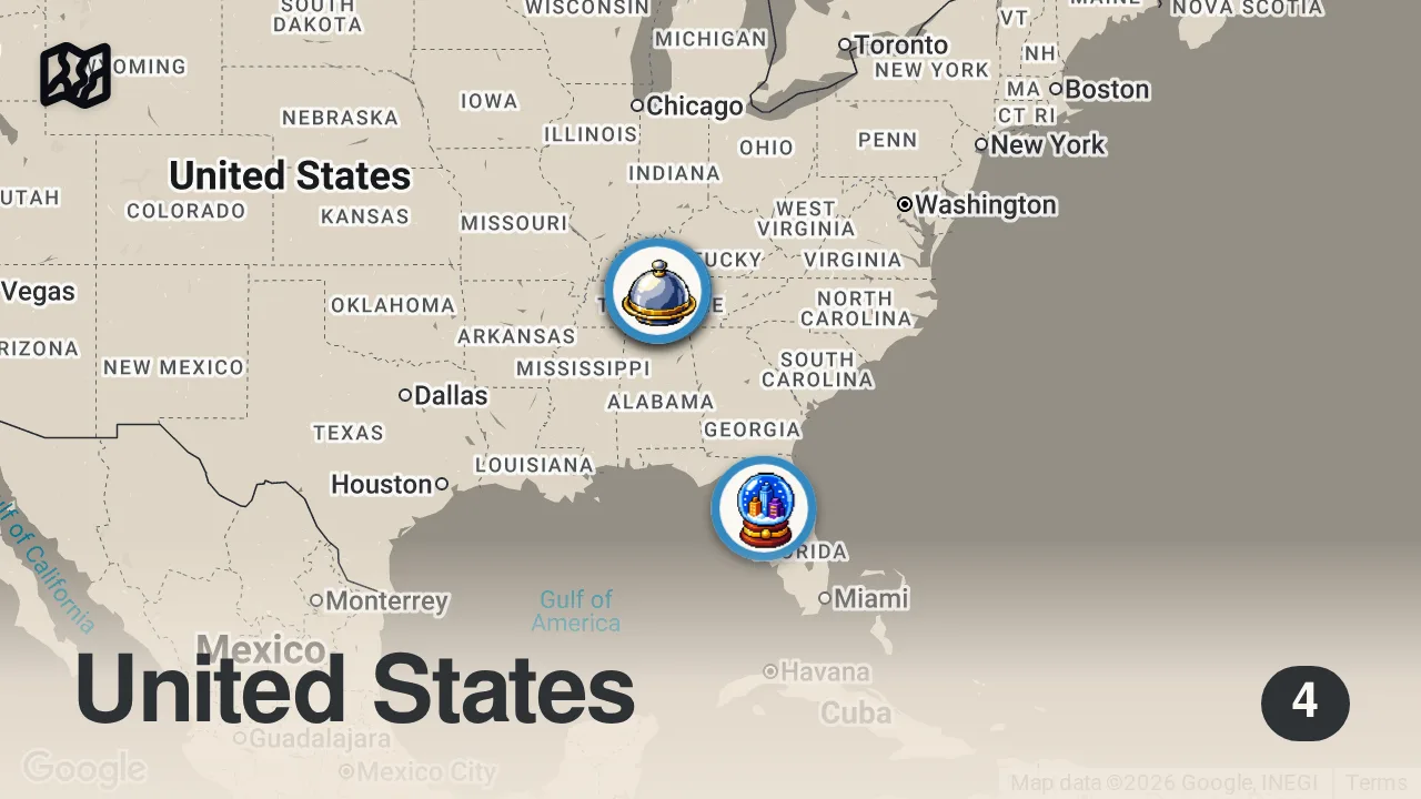 Map of 4 spots from Eating Southern FAST FOOD Restaurants For 24 Hours...