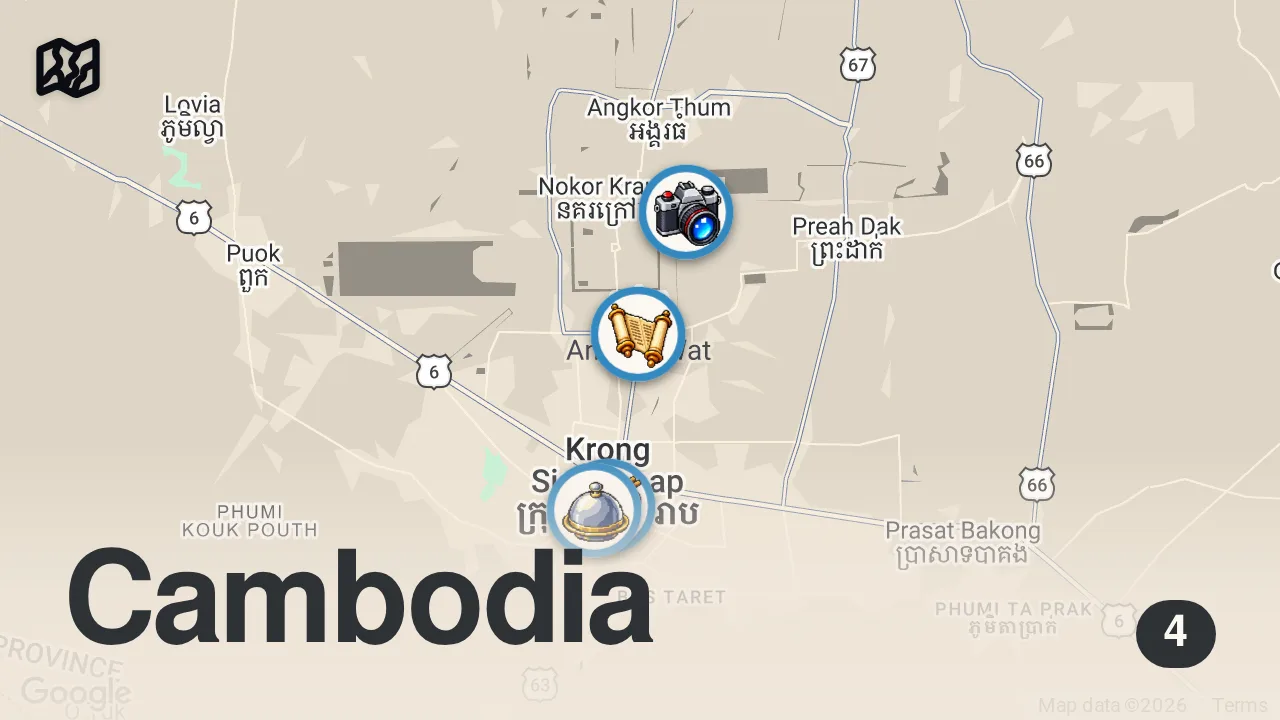 Map of 4 spots from I Got Adopted By Khmer Family For A Day In Siem Reap, Cambodia ๐ฐ๐ญ
