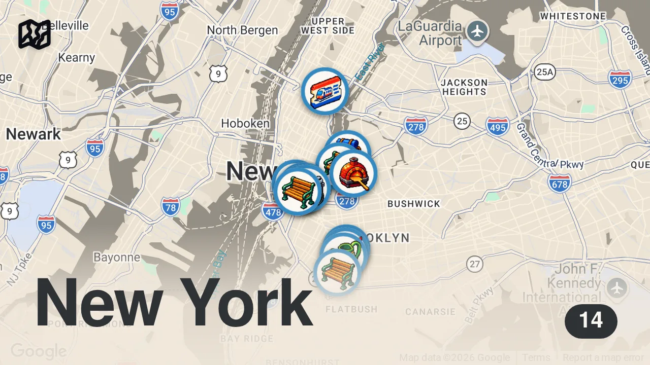 Map of 14 spots from Brooklyn in 1 Day: Best Food & Famous Spots 🍕🌆