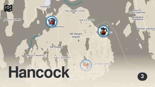 Map of TRYING THE BEST FOOD IN BAR HARBOR, MAINE (lobster rolls, blueberry pie, popovers)