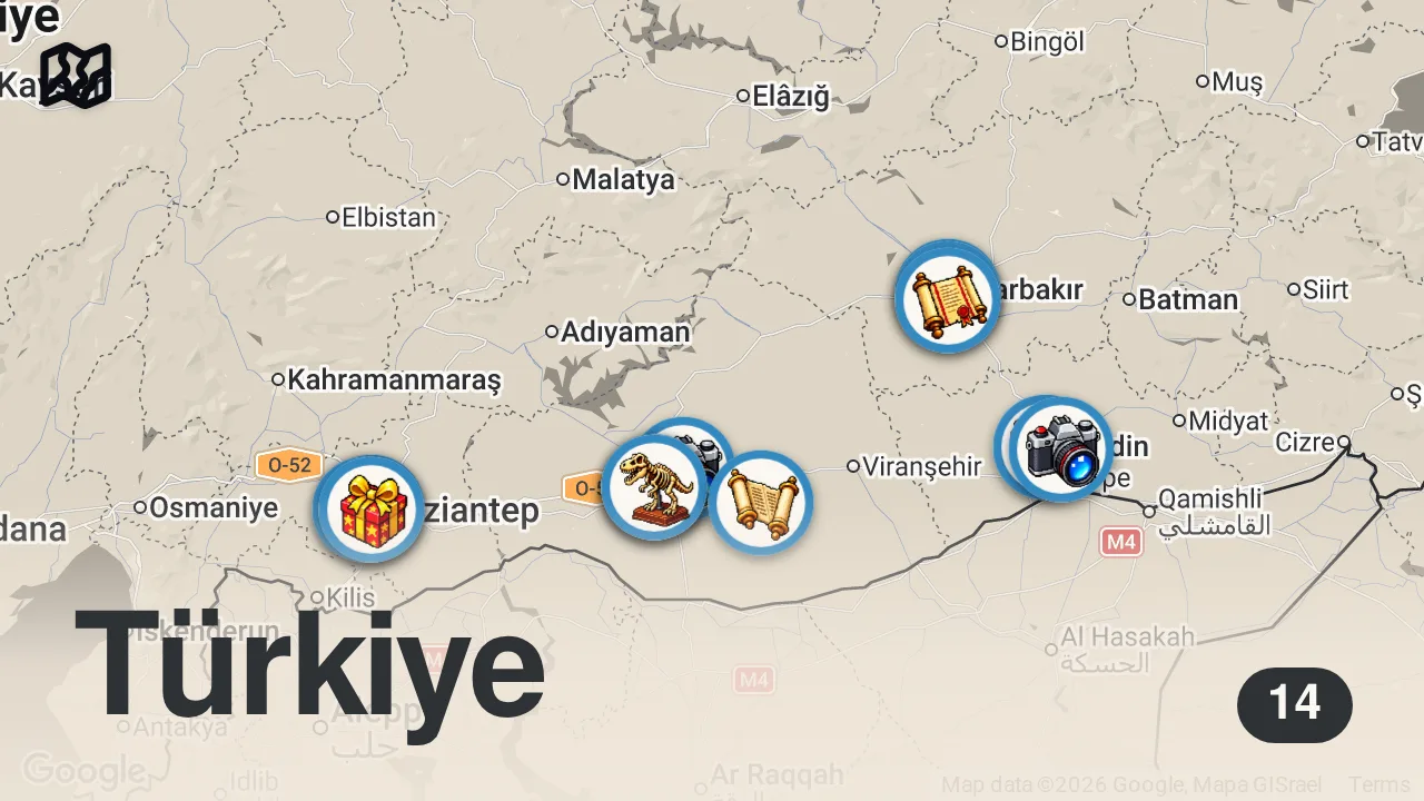 Map of 14 spots from Gaziantep Zeugma Göbeklitepe Mardin Diyarbakır