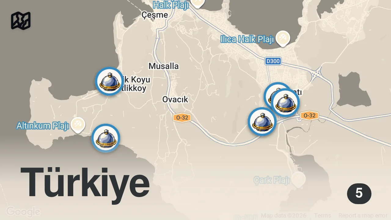 Map of 5 spots from ALAÇATI VE ÇEŞME LEZZETLERİ (700 TL'ye pişi yedik!) - Ayaküstü Lezzetler