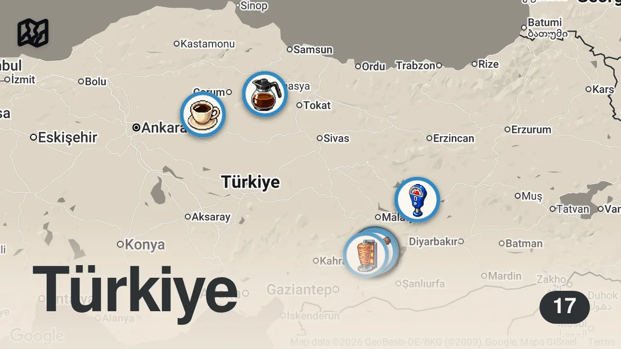 Map of 17 spots from ADIYAMAN’DA 1 GÜNDE NE YENİR!!!