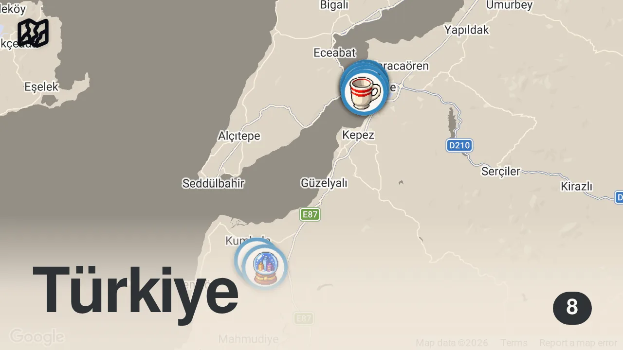 Map of 8 spots from ÇANAKKALE LEZZET REHBERİ - Ayaküstü Lezzetler