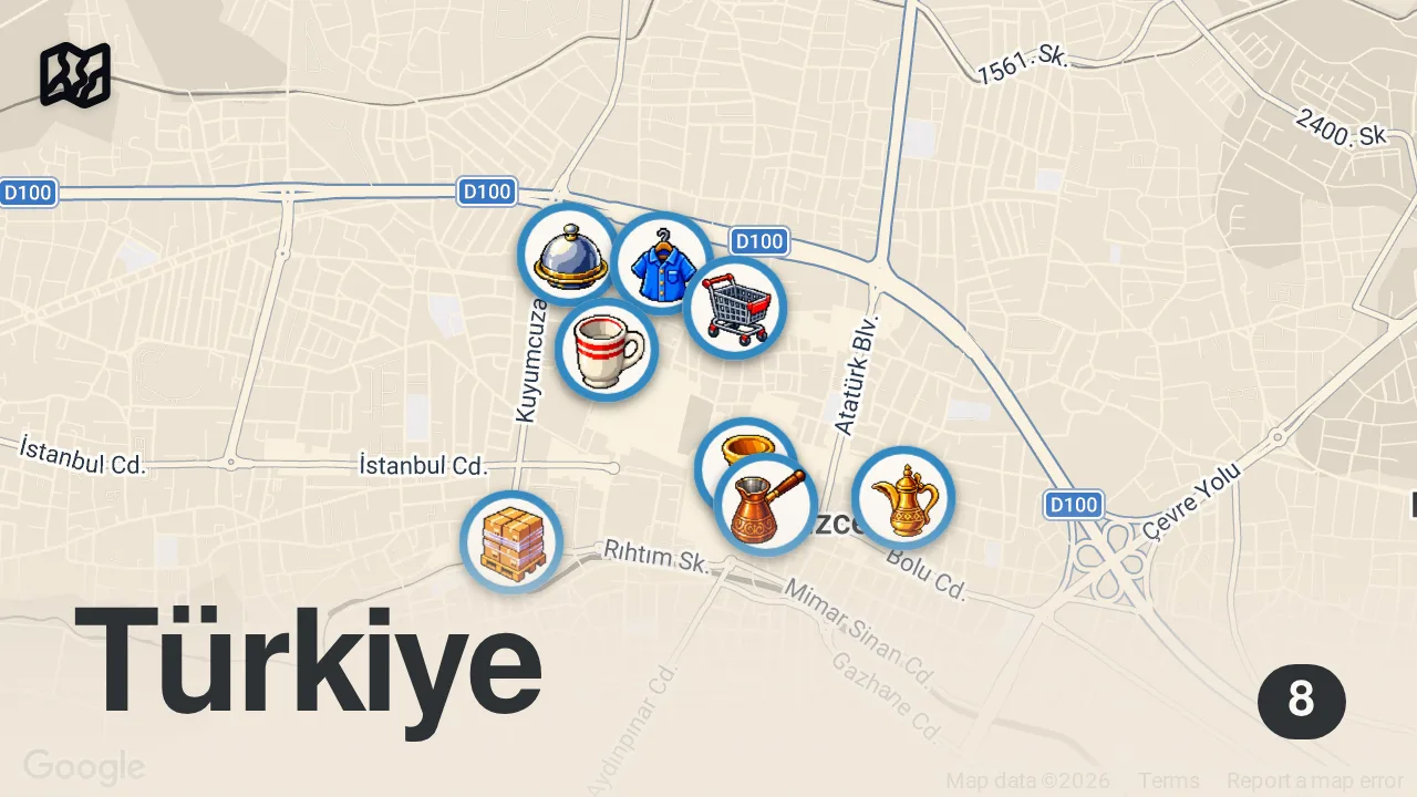 Map of 8 spots from DÜZCE LEZZET REHBERİ 100 + yıllık pideci, 92 yıllık lokanta, 67 yıllık köfteci, 53 yıllık börekçi