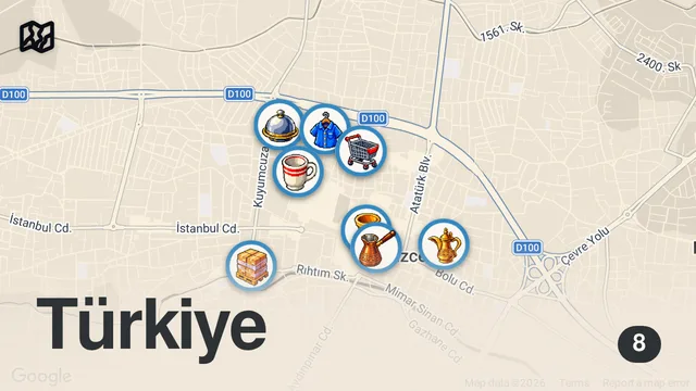 Map of DÜZCE LEZZET REHBERİ 100 + yıllık pideci, 92 yıllık lokanta, 67 yıllık köfteci, 53 yıllık börekçi