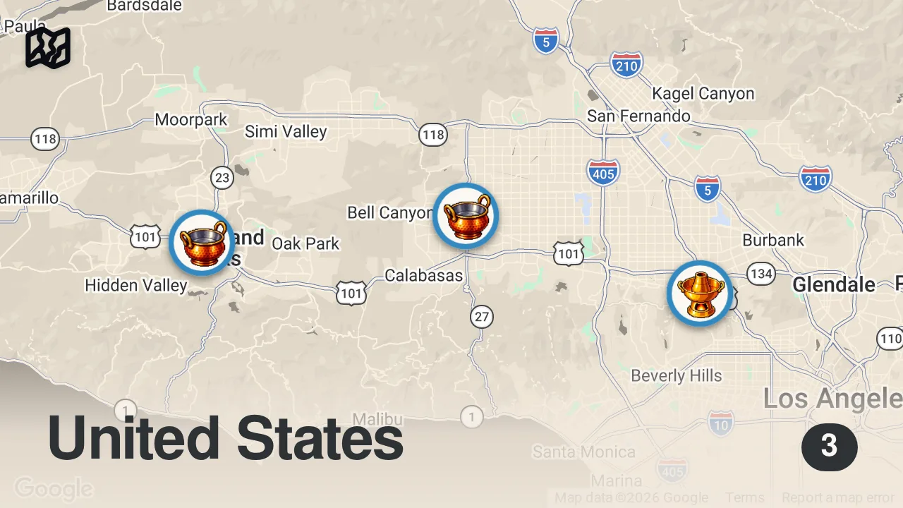Map of 3 spots from Eating At INDIAN Super Markets For 24 Hours (Impossible Food Challenge)