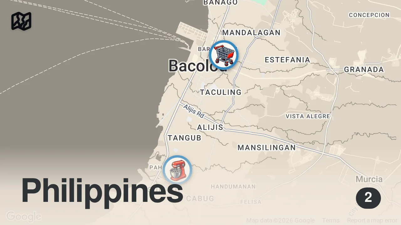 Map of 2 spots from Best Filipino Food!! DINO BONE CANSI - Prized Dish of Bacolod, Philippines!