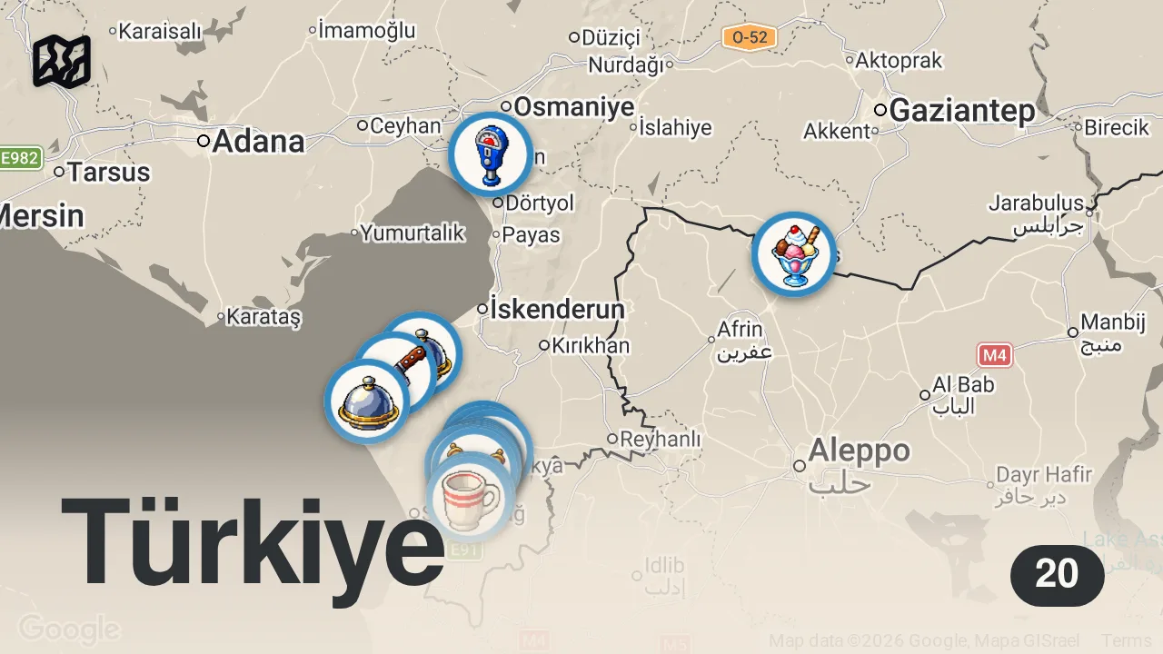 Map of 20 spots from HATAY’DA DÜNYALARI YEDİM!!! 1. ANTAKYA LEZZET FESTİVALİ!!!