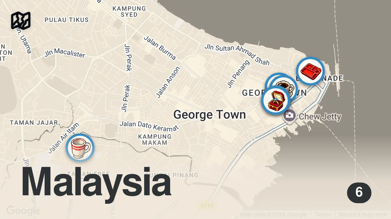 Map of 6 spots from 14 Hours Eating Best INDIAN STREET FOOD in Penang, Malaysia!! 🇲🇾
