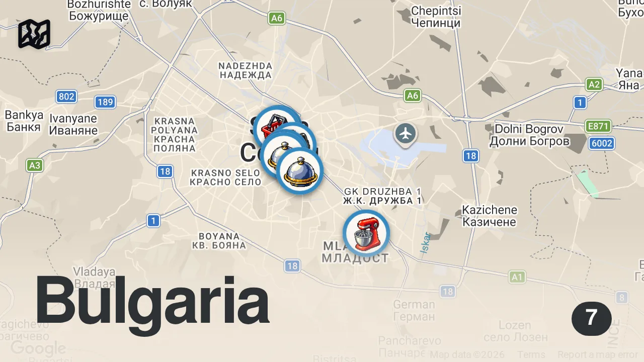 Map of 7 spots from 48 Hour BULGARIAN STREET FOOD in Sofia 🇧🇬 Banitsa + Kebab + Mekitsa + Pork Leg & More