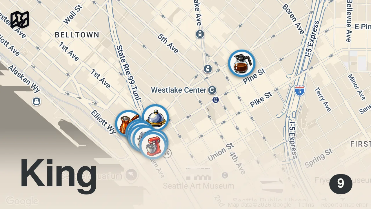 Map of 9 spots from All the BEST Food at Pike Place Market (Seattle, Washington)