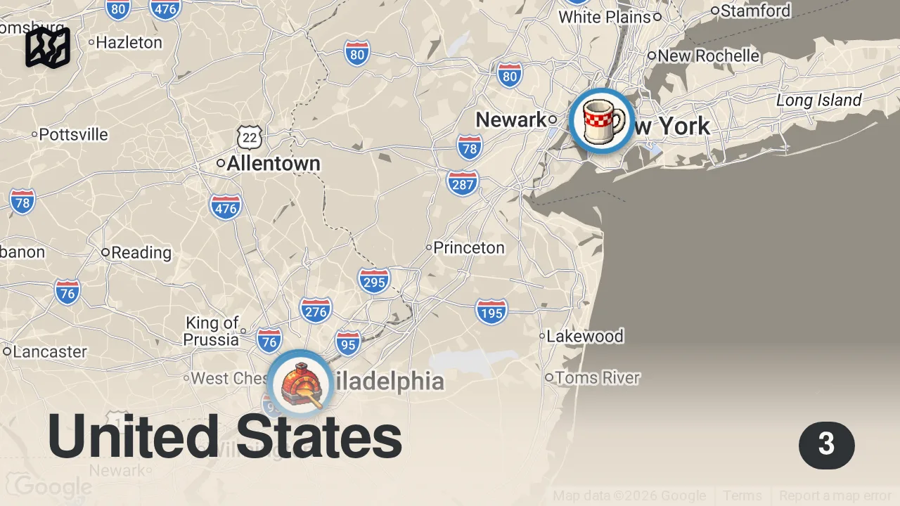 Map of 3 spots from BEST cheesesteaks in NYC!