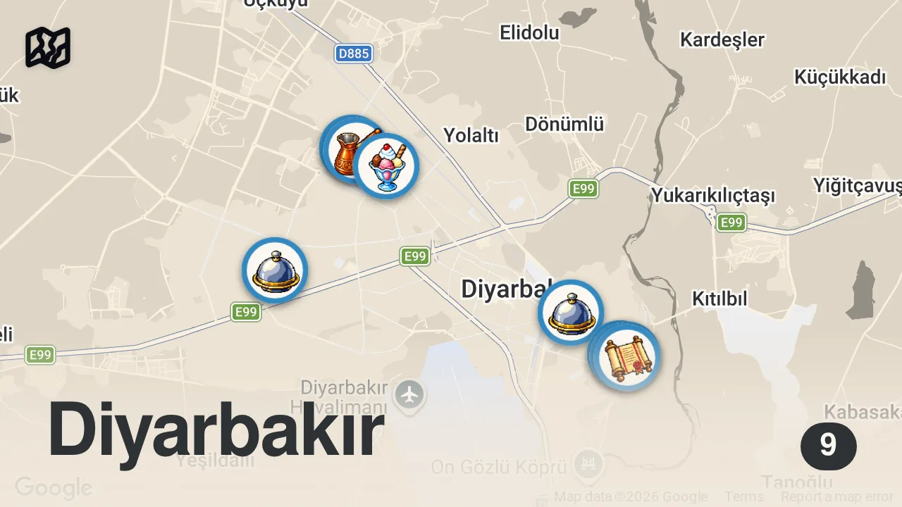 Map of 9 spots from DİYARBAKIR’DA BİR GÜNDE NE YENİR?