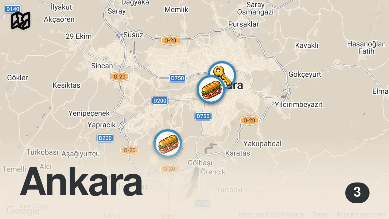 Map of 3 spots from ANKARA’DA UCUZ ORTA PAHALI SANDVİÇLER 🥪