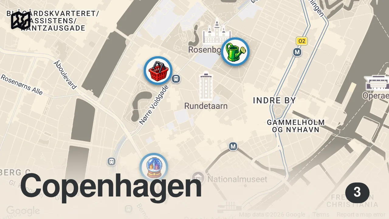 Map of 3 spots from Copenhagen STREET FOOD TOUR 🇩🇰 | (Smørrebrød, Fiskerikadeller, Danish Pastry & More in Denmark)