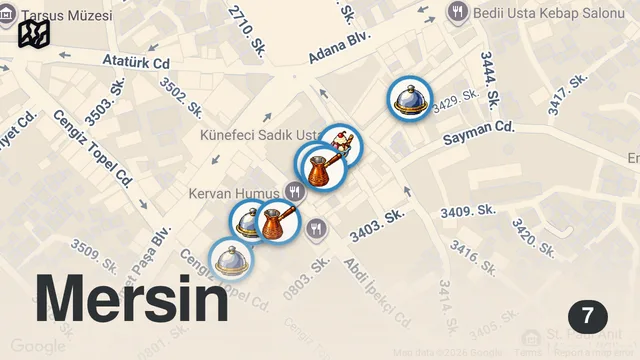 Map of TARSUS’TA 1 GÜNDE NE YENİR? SABAH SİMİTTEN KÜNEFEYE EFSANE TUR!