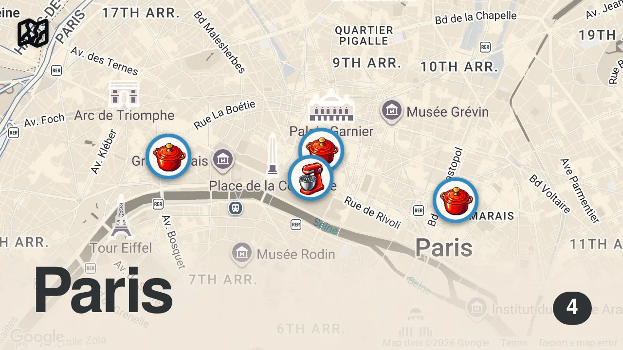 Map of 4 spots from Only eating VIRAL Food for 24 hrs in Paris! 🇫🇷