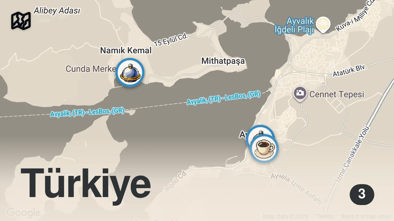 Map of 3 spots from Ayvalık Lezzetleri (Rakı, Balık, Ayvalık!) - Hesaplar Senden 26. Bölüm | Ayaküstü Lezzetler