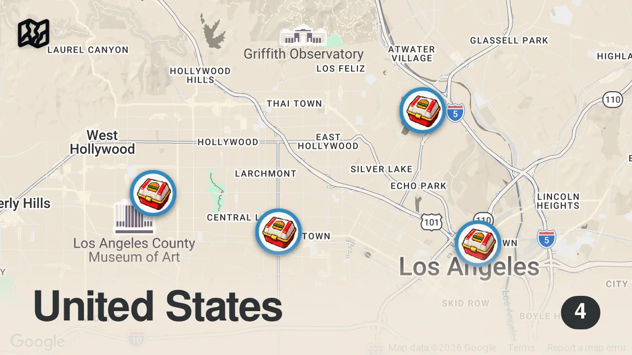 Map of 4 spots from Finding The Best Smash Burger In Los Angeles | Food Tours | Insider Food