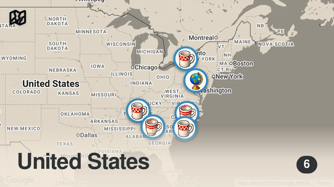 Map of 6 spots from Eating Popular Southern Restaurants for 24 Hours...