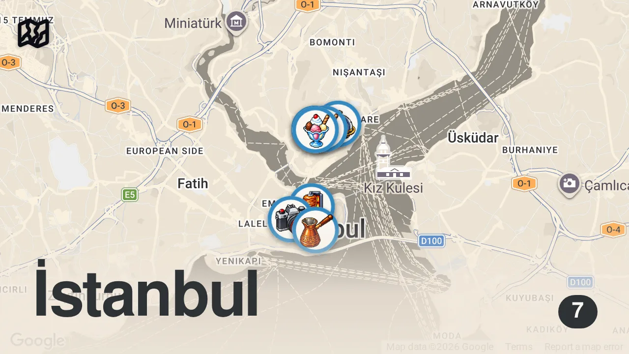 Map of 7 spots from 24H Of Turkish STREET FOOD in Istanbul | Cag Kebab, Doner & Wet Burger