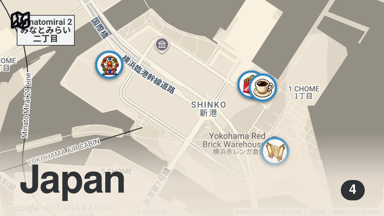 Map of 4 spots from 【みなとみらい】cafe vlog │ インスタ映え!海辺にある巨大クレープのお店