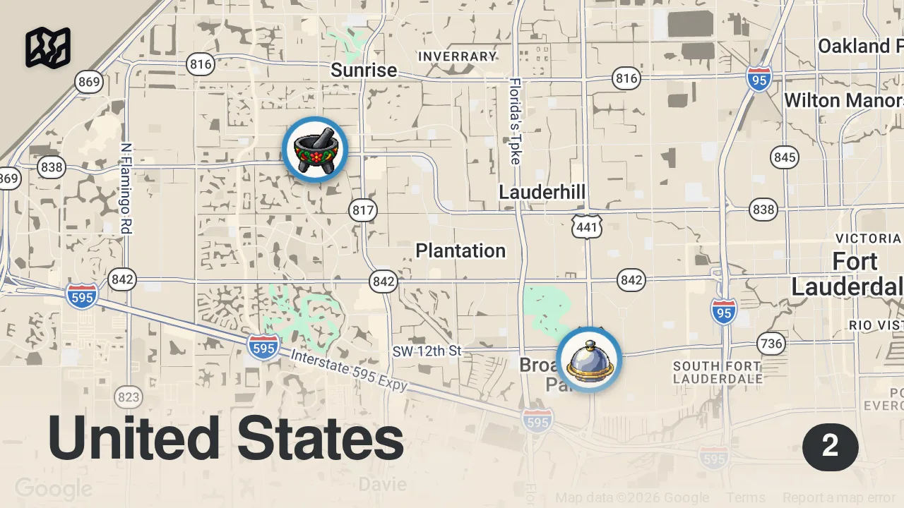 Map of 2 spots from Eating at SKETCHY Restaurants For 24 Hours... (South Florida)