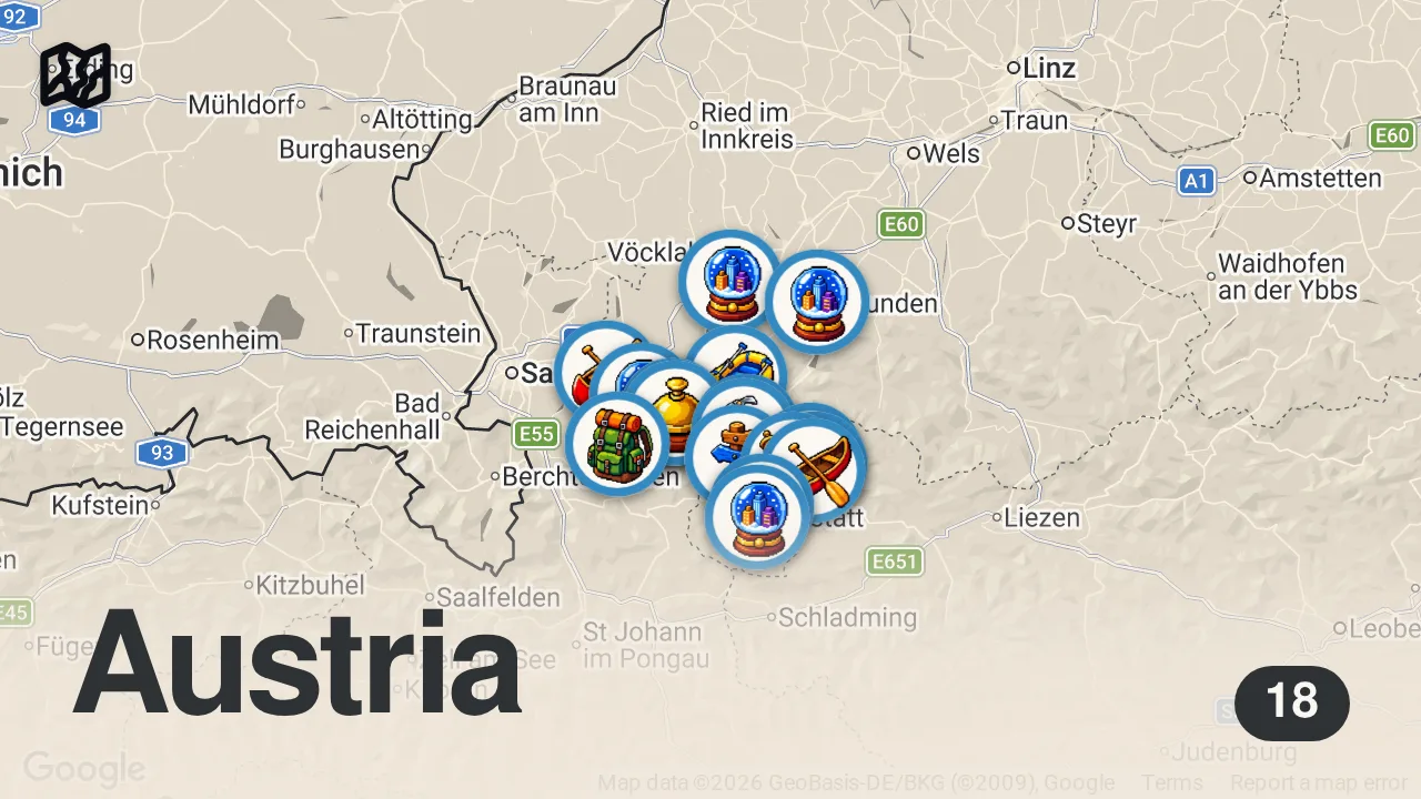 Map of 18 spots from Das Salzkammergut in Österreich: Hallstatt, Hollywood, Seen und Berge | Wunderschön | ARD Reisen