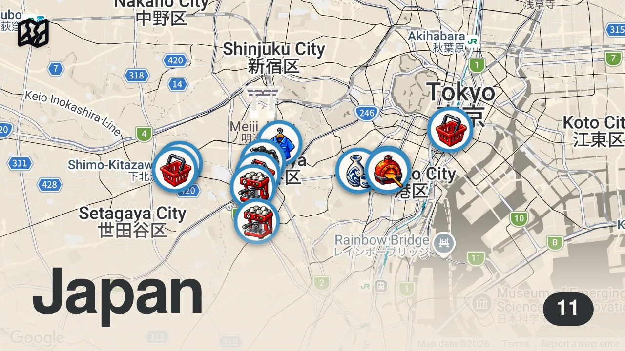 Map of 11 spots from 60 hours in winter Tokyo