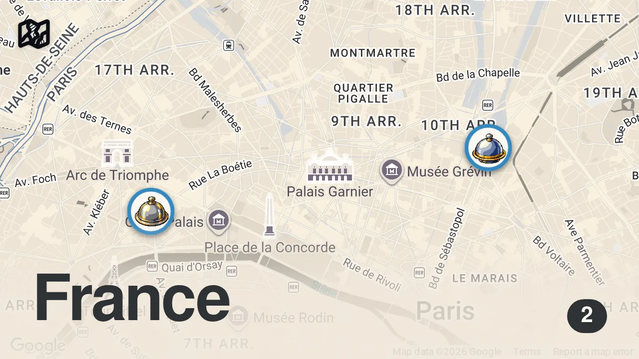 Map of 2 spots from €8 vs €1,640 Dinner in Paris
